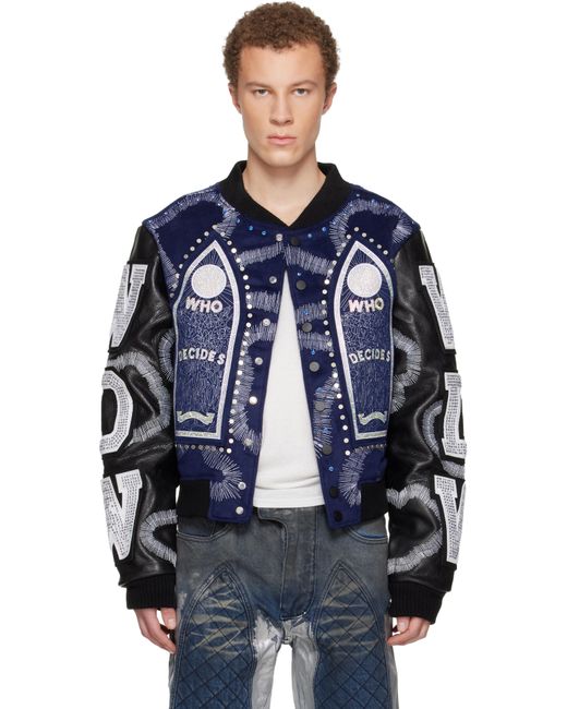 Who Decides War Blue Hardware Cathedral Leather Varsity Jacket for men