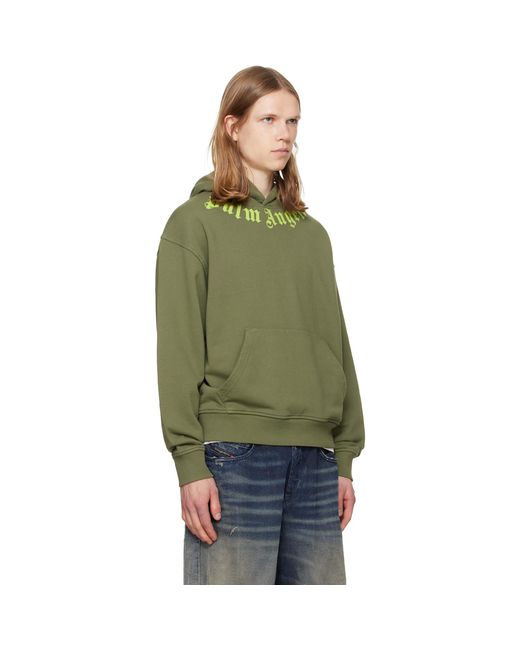 Palm Angels Green Khaki Neck Logo Hoodie for men