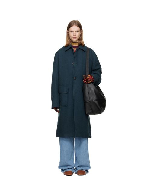Dries Van Noten Blue Wool Melton Coat for men