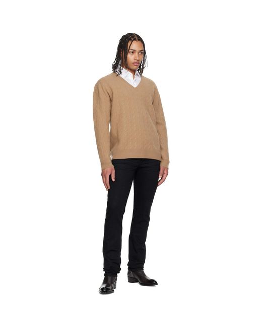 Tom Ford Black Tan Cable Lambswool Ls V-Neck Sweater for men