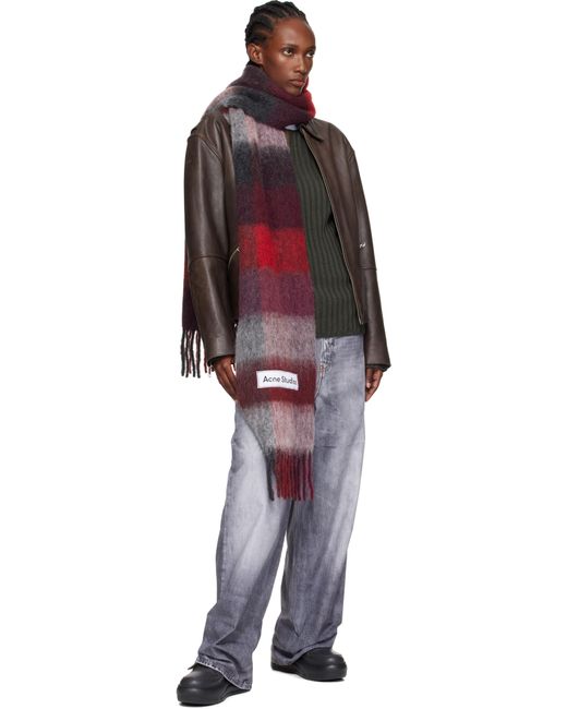 Écharpe Rouge Et Gris À Carreaux Et À Franges Acne en coloris Red