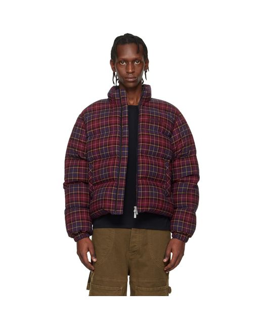 Off-White c/o Virgil Abloh Red Burgundy Spray Arrow Check Flannel Down Jacket for men