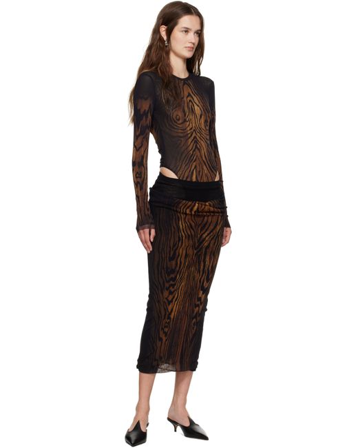 Jean Paul Gaultier Black Mesh Double Layer Printed Wood Bodysuit