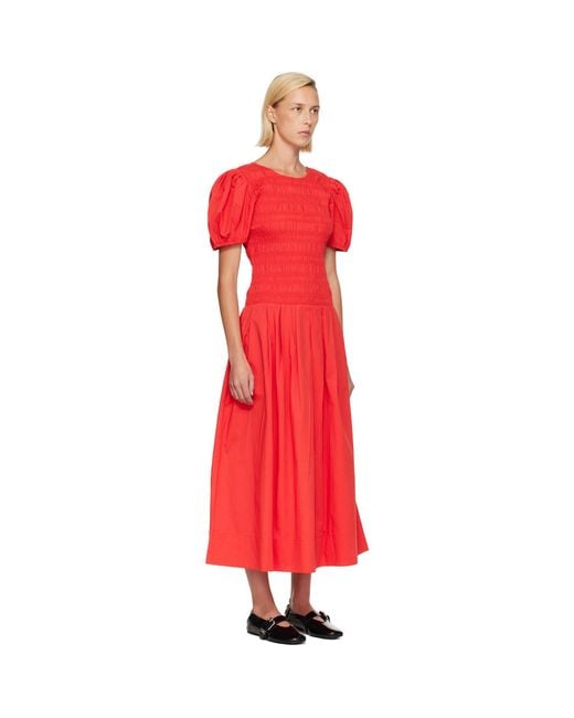 Ganni Red Smocked Cotton Midi Dress
