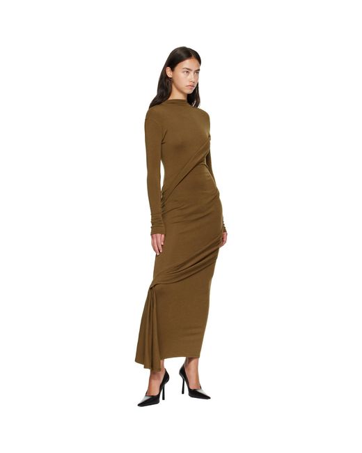 Mugler Green Khaki Draped Turtleneck Maxi Dress