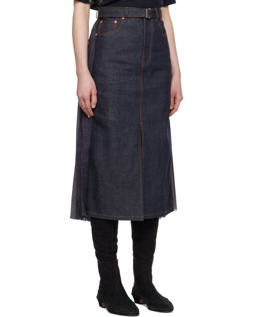 Sacai ネイビー パネル デニム ミディアムスカート Black