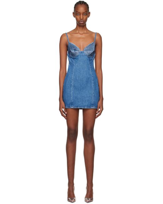 Robe courte bleue en denim à ornements en verre taillé Area en coloris Black