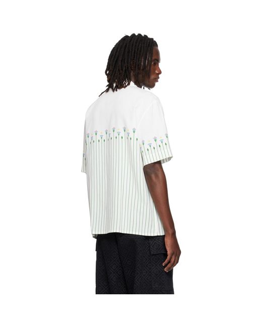 Casablanca White Linen Floral Stripe Sporty Short Sleeve Shirt for men