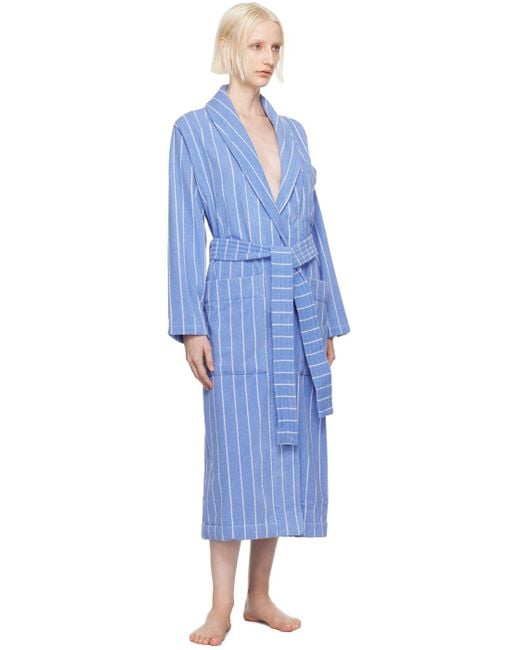 Tekla Blue Classic Striped Organic Cotton Bathrobe