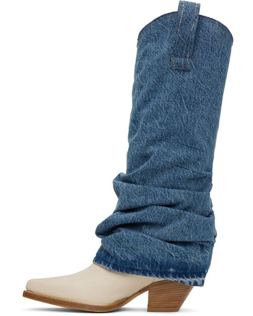 R13 Blue & White Mid Cowboy Denim Sleeve Boots