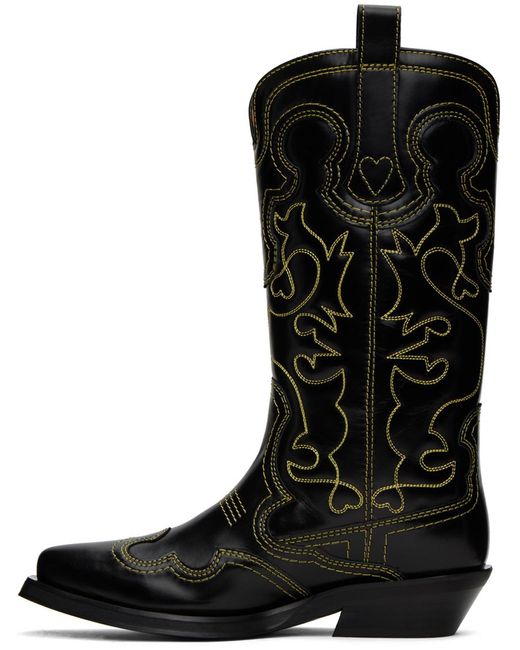 Ganni Black Mid Shaft Embroidered Western Boots