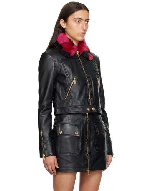 Versace Black Spread Collar Leather & Faux-fur Jacket