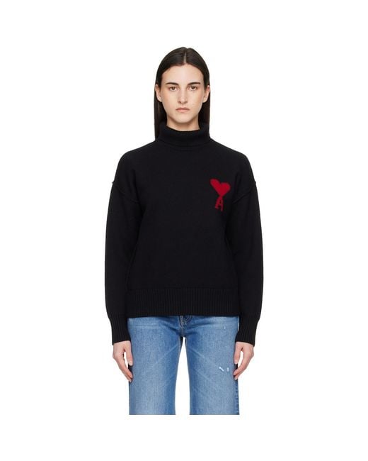AMI Black Contrast Ami De Coeur Funnel Neck Sweater