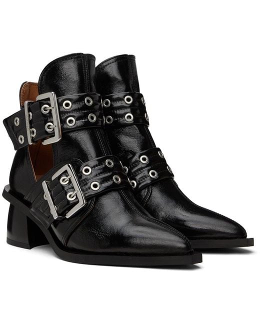 Ganni Black Double-Buckle Cut-Out Ankle Boots
