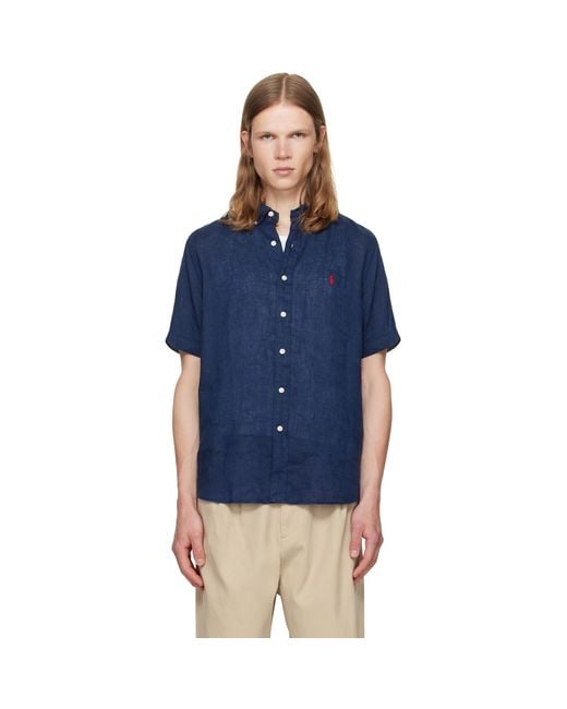 Polo Ralph Lauren Blue Linen Short Sleeve Sport Shirt for men