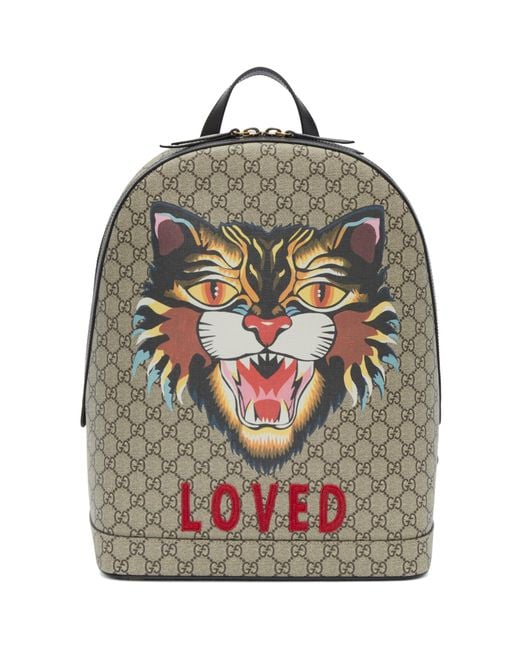 Gucci Natural Beige Gg Supreme 'loved' Angry Cat Backpack for men