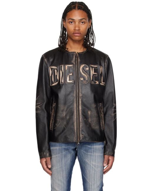 DIESEL Black L-met Distressed Leather Jacket With Metal Logo for men