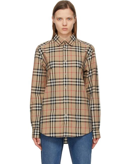 Burberry コットン ベージュ チェック シャツ カラー ナチュラル Lyst