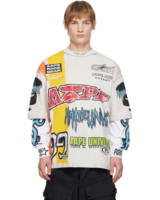 Aape By A Bathing Ape Gray Multi-Logo Layered Long Sleeve T-Shirt for men