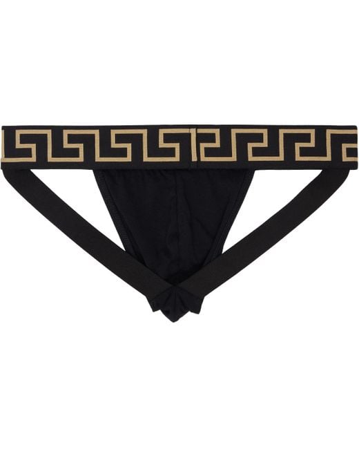 メンズ Versace グレカ ボーダー ジョックストラップ Black