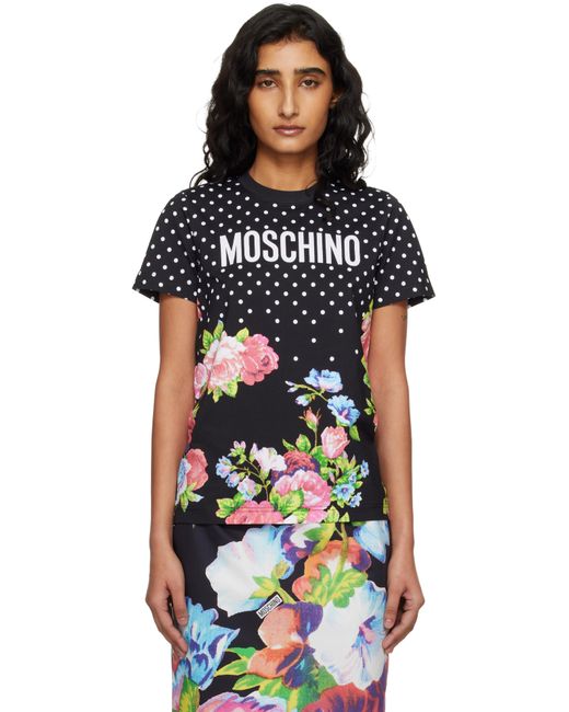 Moschino レディース ブラック オーガニックコットン ジャージ プリントTシャツ