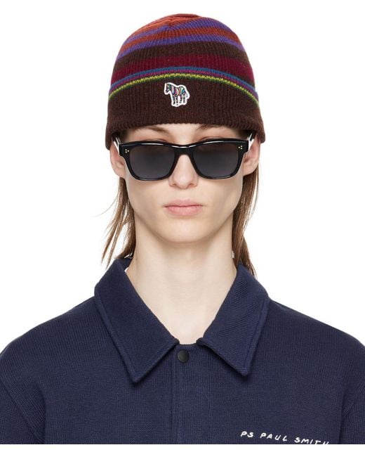 PS by Paul Smith Blue Burgundy Zebra Stripe Beanie for men