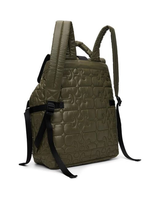 Ganni Black Khaki Quilted Re-Tech Backpack