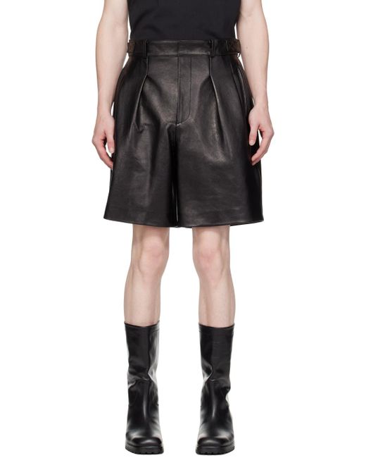 RECTO. Black Pleated Leather Shorts for men