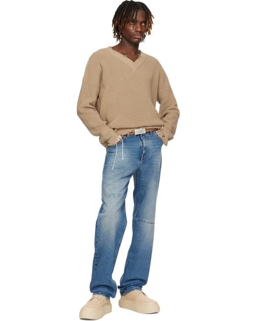 メンズ MM6 by Maison Martin Margiela タン フレイド Vネックセーター Blue
