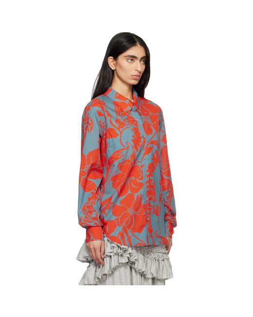 Dries Van Noten Red Voile Floral Print Shirt