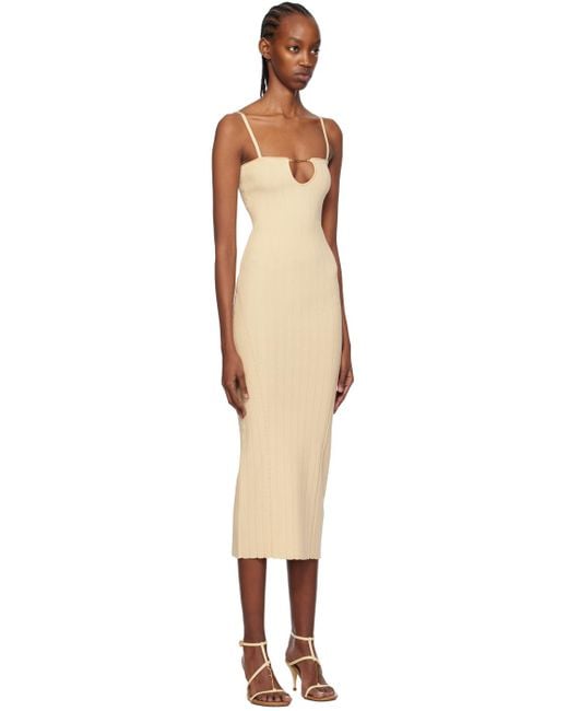 white christmas dresses Jacquemus La Bomba Asymmetric Beige Midi Dress – Runway Catalog main image 1
