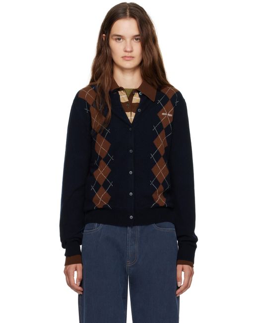 Miu Miu Black Cashmere Argyle Cardigan