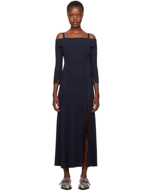 Ganni Black Navy Off-the-shoulder Maxi Dress