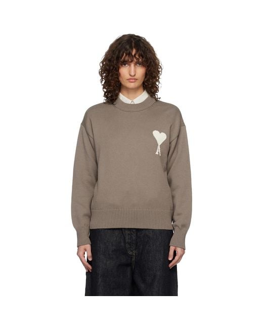 AMI Brown Taupe Wool & Cotton Crewneck Ami De Coeur Sweater