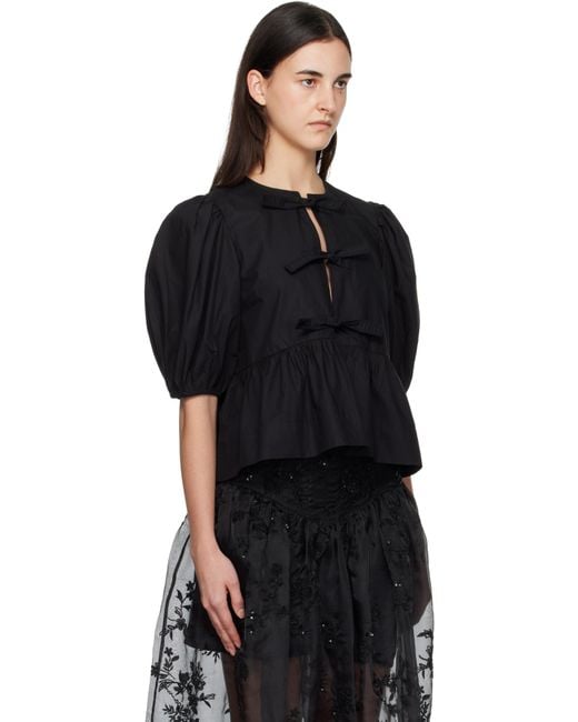 Ganni Black Cotton Poplin Peplum Tie Blouse