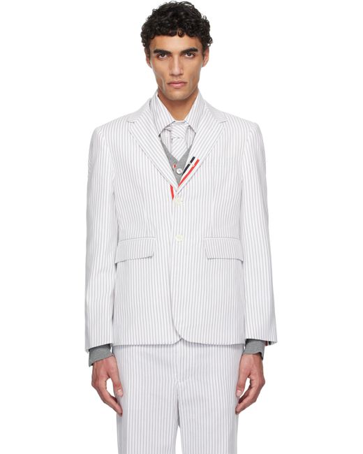 メンズ Thom Browne ホワイト＆グレー Classic Grosgrain Placket Madras テーラードジャケット White