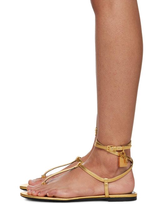Sandales dorées en cuir plaqué à cadenas Tom Ford en coloris Brown