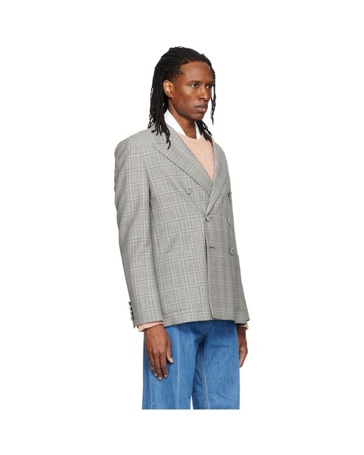 Valentino Gray Double-Breasted Mohair Wool Check Blazer for men