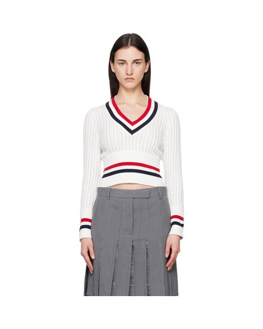 Thom Browne Multicolor Off- Baby Ladder Cable Shrunken V Neck Sweater