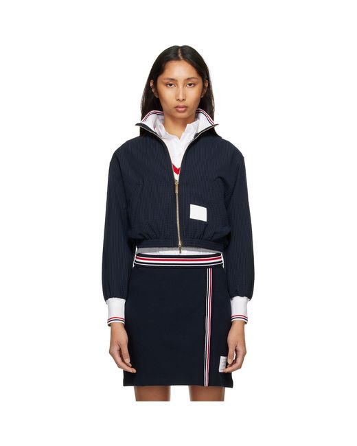 Thom Browne Blue Wool Seersucker Zip Up Track Jacket