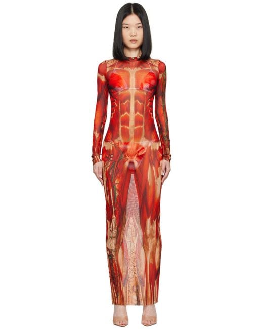 Jean Paul Gaultier Red Maxi Mesh Dress With Ecorché Print
