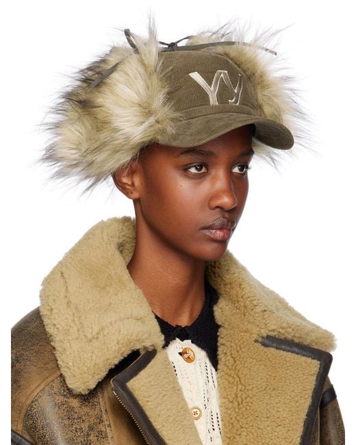 OPEN YY Corduroy Faux Fur Earflap Cap in Green | Lyst