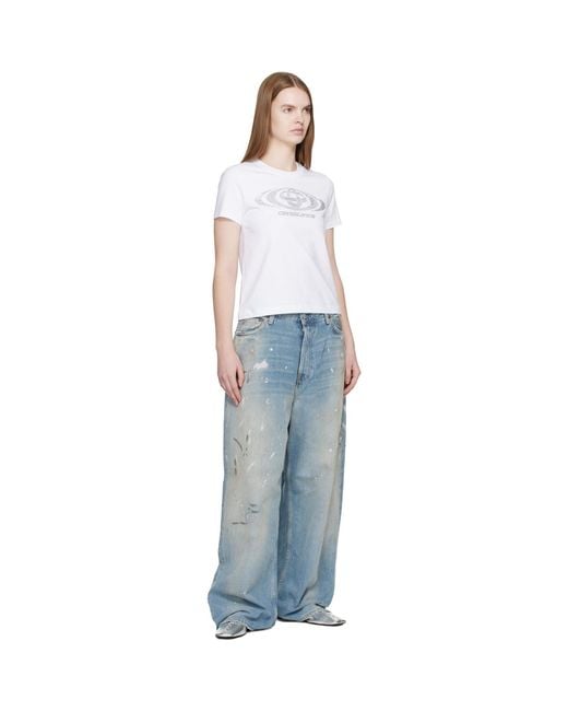 Casablanca White Crystal Warped Logo Fitted Short Sleeve T‑Shirt