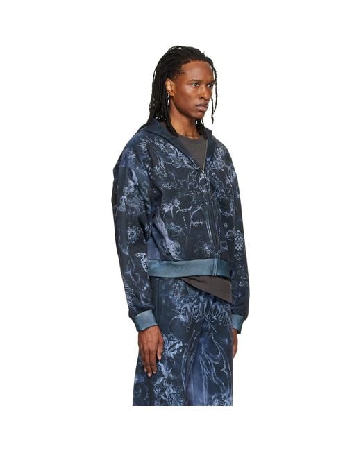 we11done Blue Tattoo Printed Zip-Up Hoodie for men