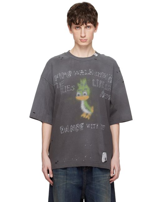 メンズ Maison Mihara Yasuhiro ブラック Leon プリント ディストレス Tシャツ Gray