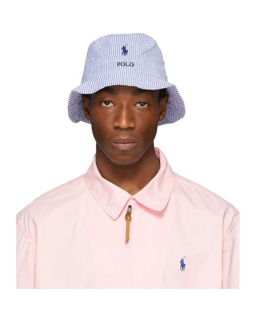 Polo Ralph Lauren Blue And White Striped Seersucker Bucket Hat for Men