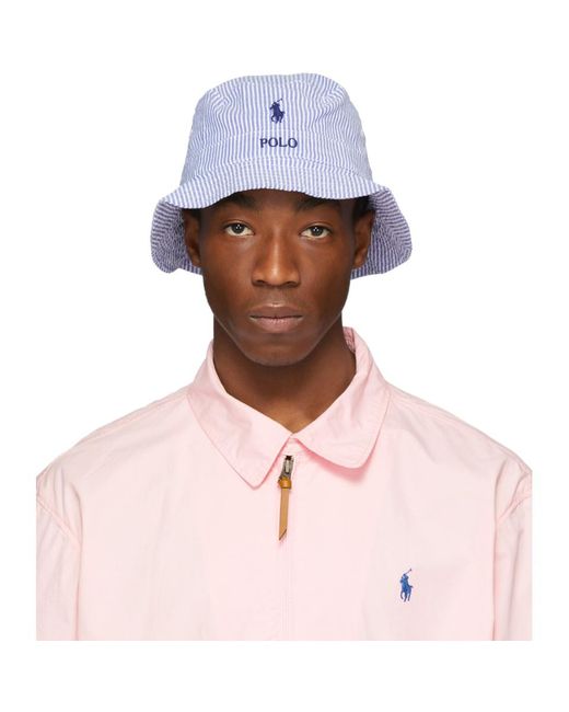 Polo Ralph Lauren Blue And White Striped Seersucker Bucket Hat for Men