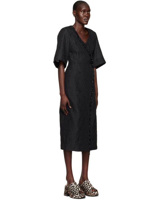 Ganni Black Bead-embellished Cloqué Midi Wrap Dress