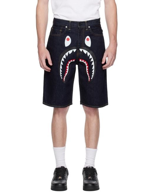 A Bathing Ape Black Navy Shark Denim Shorts for men