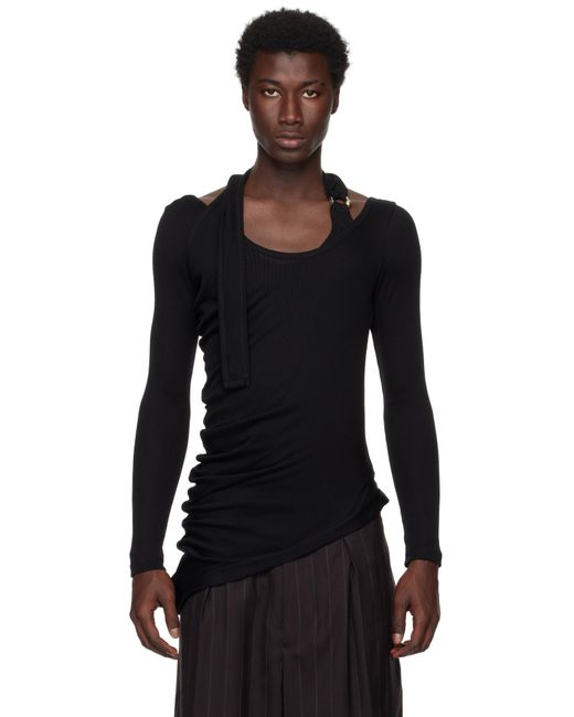 Jean Paul Gaultier Black Ribbed Twisted Double Layer Piercing T-Shirt for men